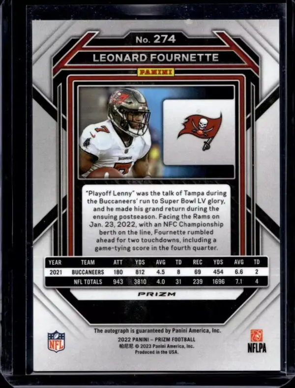 Leonard Fournette 2022 Panini Prizm Silver Auto Tampa Bay Buccaneers 274 - Image 2