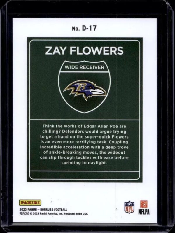 Zay Flowers 2023 Donruss Rookie Downtown SSP Baltimore Ravens D-17 - Image 2