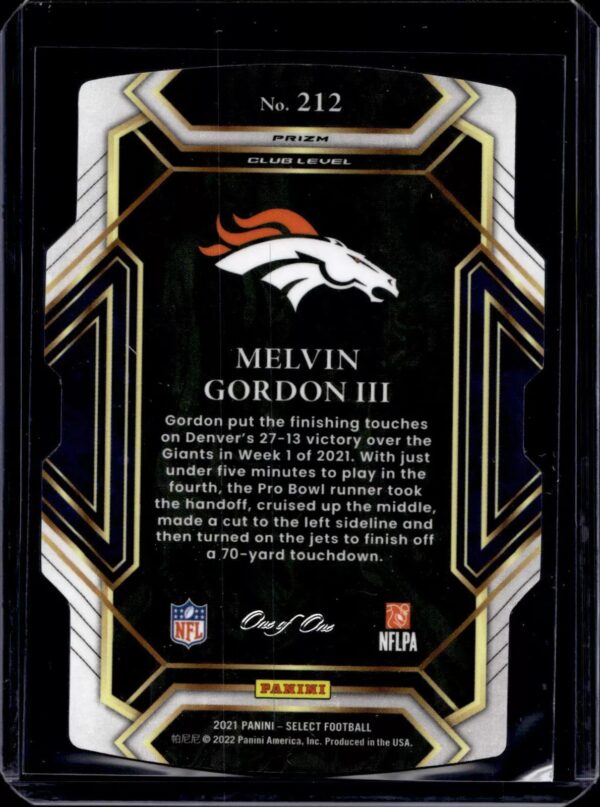 Melvin Gordon III 2021 Panini Select Black Prizm Die Cut 1/1 Denver Broncos 212 - Image 2