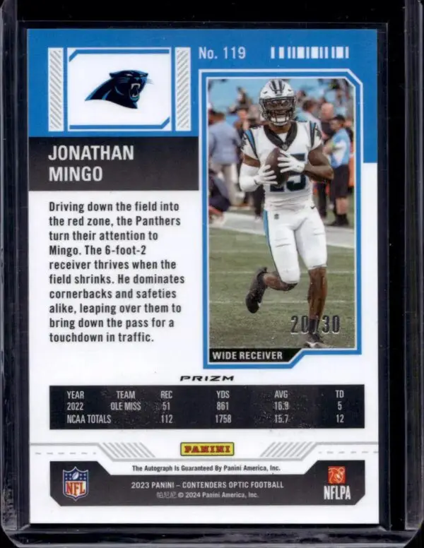 Jonathan Mingo 2023 Panini Contenders Optic Green Pulsar Auto /30 RC Carolina Panthers 119 - Image 2