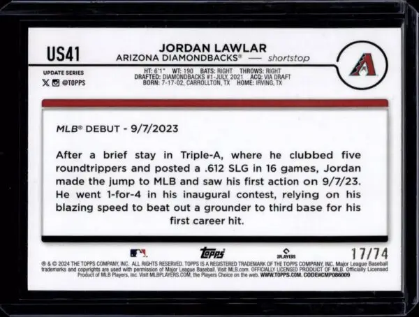 Jordan Lawlar 2024 Topps Update Black /74 RC Arizona Diamondbacks US41 - Image 2