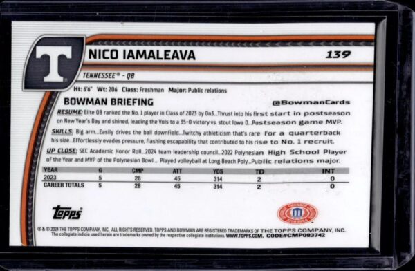 Nico Iamaleava 2024 Bowman U Chrome Black White Stealth /48 Tennessee Volunteers 139 - Image 2