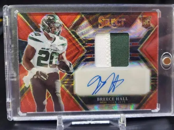 Breece Hall 2022 Panini Select Red Wave Patch Auto RC New York Jets RSM-BH