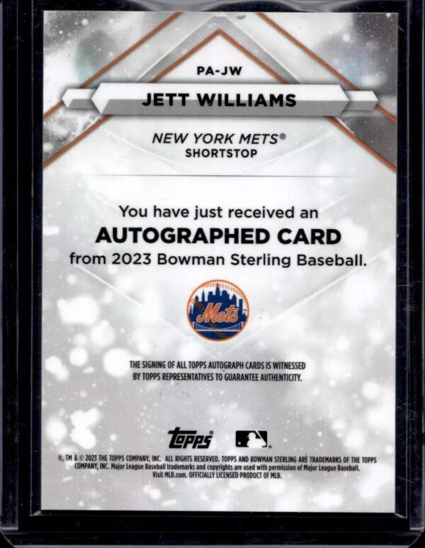 Jett Williams 2023 Bowman Sterling Prospect Auto New York Mets PA-JW - Image 2