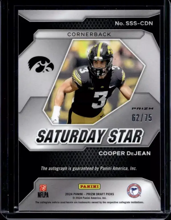 Cooper DeJean 2024 Panini Prizm Draft Saturday Star Orange Wave Auto /75 Iowa Hawkeyes SSS-CDN - Image 2