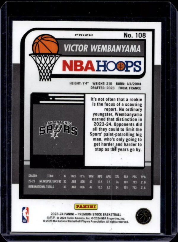 Victor Wembanyama 2023-24 Panini Premium Stock Ice Prizm RC San Antonio Spurs 108 - Image 2