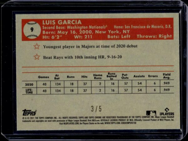 Luis Garcia 2021 Topps Chrome Platinum Black/Red 70th /5 RC Washington Nationals 9 - Image 2