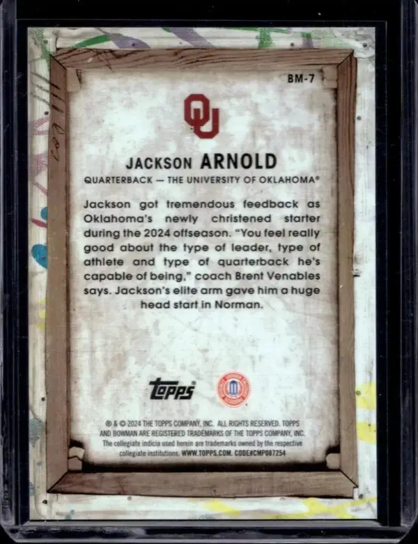 Jackson Arnold 2024 Bowman Best University Masterpieces Orange /25 Oklahoma Sooners BM-7 - Image 2