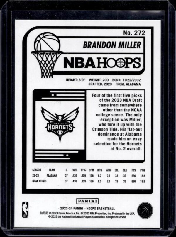 Brandon Miller 2023-24 Panini Hoops Blue Explosion RC /59 Charlotte Hornets 272 - Image 2