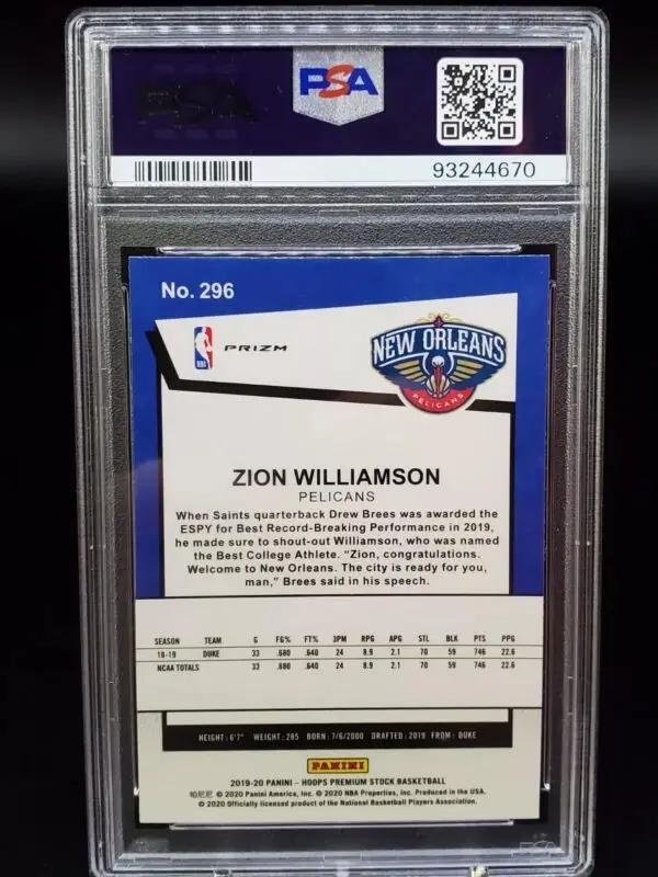 Zion Williamson 2019-20 Hoops Premium Stock Silver Scope RC New Orleans Pelicans 296 PSA 10 - Image 2