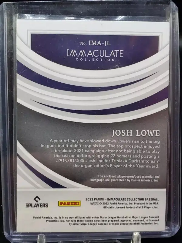 Josh Lowe 2022 Panini Immaculate Button Auto /10 RC Tampa Bay Rays IMA-JL - Image 2