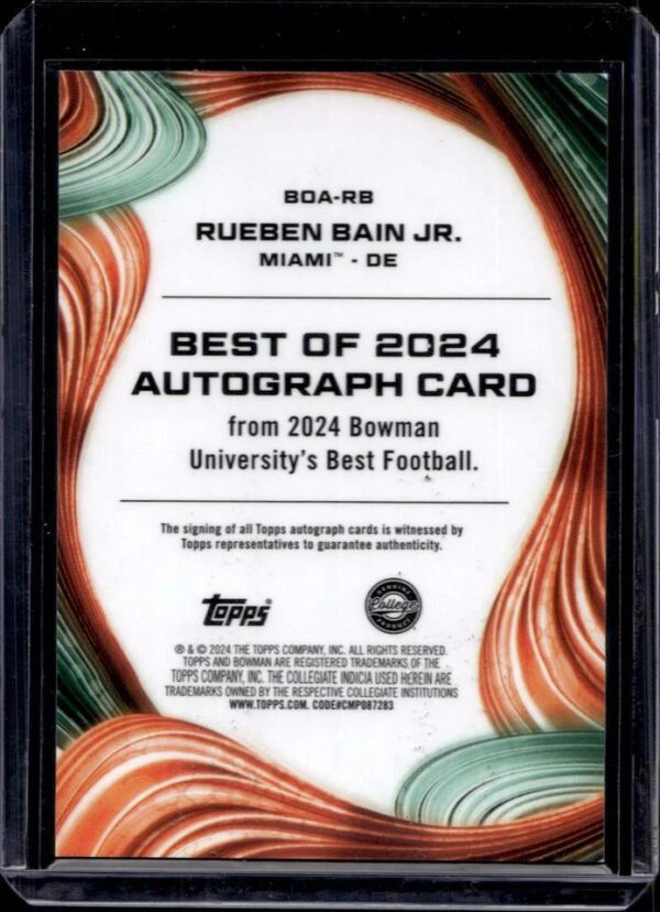 Rueben Bain Jr 2024 Bowman U Best Teal Geometric Auto /15 Miami Hurricanes - Image 2