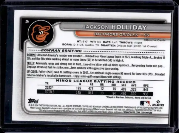 Jackson Holliday 2024 Bowman Mega Purple Refractor /250 RC Baltimore Orioles 26 - Image 2