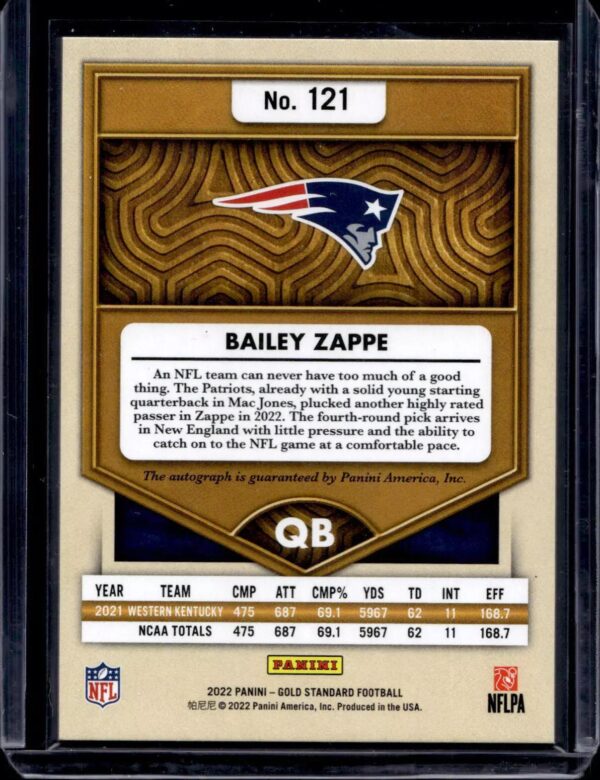 Bailey Zappe 2022 Panini Gold Standard Auto /199 New England Patriots 241 - Image 2