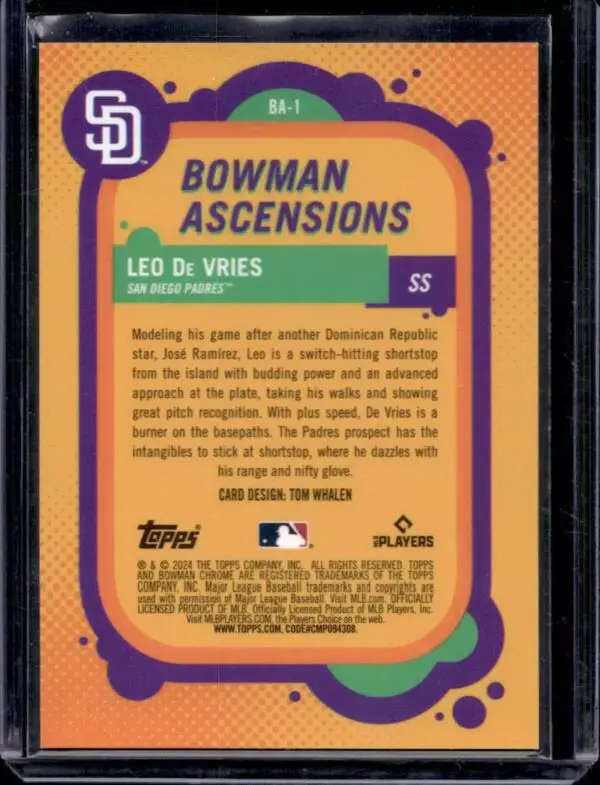 Leo De Vries 2024 Bowman Chrome Ascensions Orange Mojo /25 San Diego Padres BA-1 - Image 2