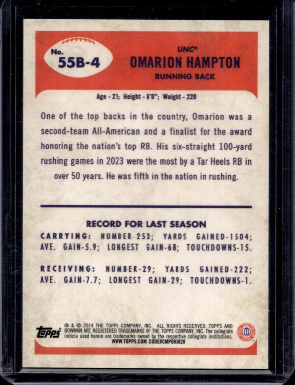 Omarion Hampton 2024 Bowman U Chrome 1955 Red Refractor /5 North Carolina Tar Heels 55B-4 - Image 2