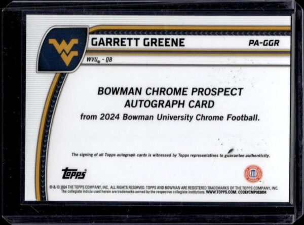 2024 Bowman U Chrome Garrett Greene 1st Orange Refractor Auto /25 West Virginia Mountaineers - Image 2