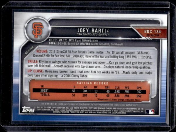 Joey Bart 2019 Bowman Draft Variation Auto /99 San Francisco Giants BDC-134 - Image 2