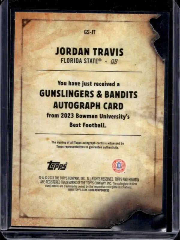 Jordan Travis 2023 Bowman Best U Gunslingers Gold Auto /50 Florida State Seminoles GS-JT - Image 2