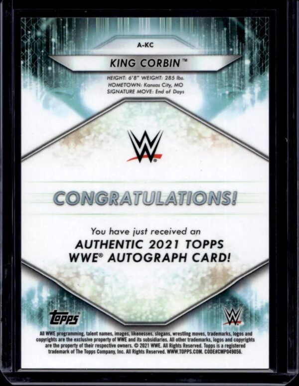 King Corbin 2021 Topps WWE Autographs Blue Auto /10 A-KC - Image 2