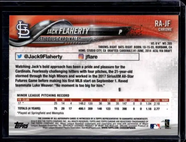 Jack Flaherty 2018 Topps Chrome Rookie Auto St. Louis Cardinals RA-JF - Image 2