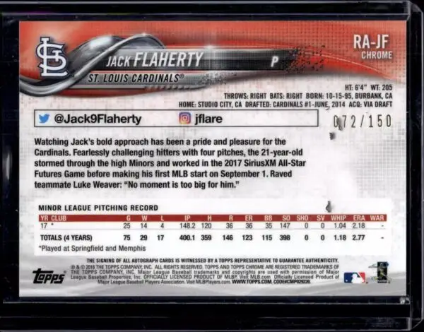 Jack Flaherty 2018 Topps Chrome RC Blue Wave Auto /150 St. Louis Cardinals RA-JF - Image 2