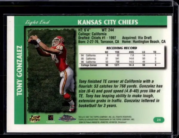 Tony Gonzalez 1997 Topps Chrome Rookie Kansas City Chiefs 24 - Image 2