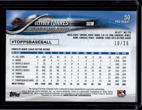 Gleyber Torres 2018 Topps Pro Debut Orange Auto /25 Scranton/Wilkes-Barre Railriders 50 - Image 2