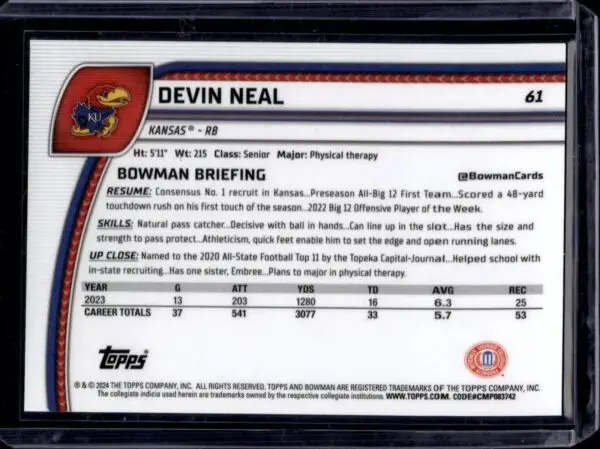 Devin Neal 2024 Bowman U Chrome Sapphire Orange /25 Kansas Jayhawks 61 - Image 2