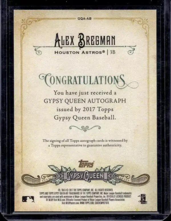 Alex Bregman 2017 Topps Gypsy Queen Missing Blackplate Auto RC Houston Astros GQA-AB - Image 2