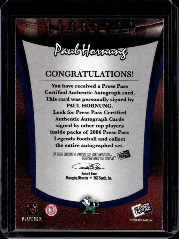 Paul Hornung 2006 Press Pass Legends Gold Auto /310 Notre Dame Fighting Irish - Image 2