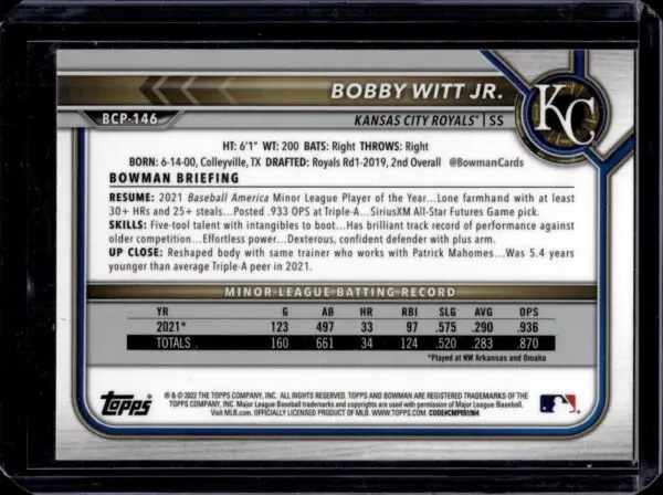 Bobby Witt Jr. 2022 Bowman Sapphire Edition Kansas City Royals BCP-146 - Image 2