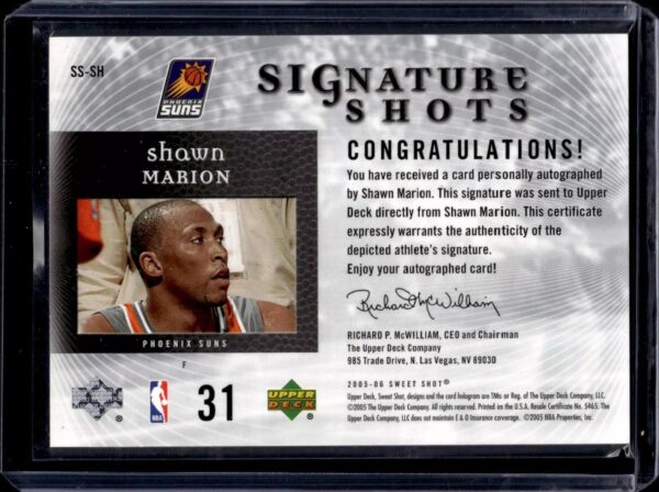 Shawn Marion 2005-06 Upper Deck Sweet Shot Signature Shots Phoenix Suns SS-SH - Image 2