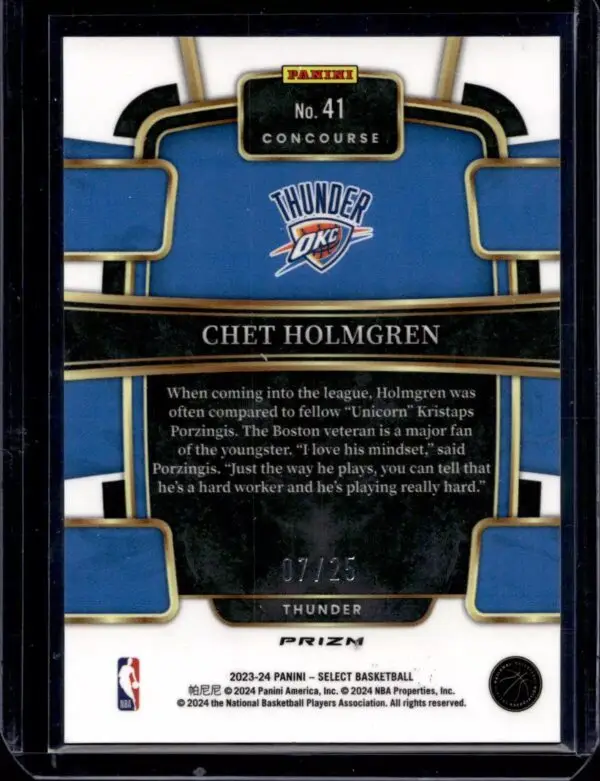 Chet Holmgren 2023-24 Panini Select Blue Disco Prizm /25 Oklahoma City Thunder 41 - Image 2