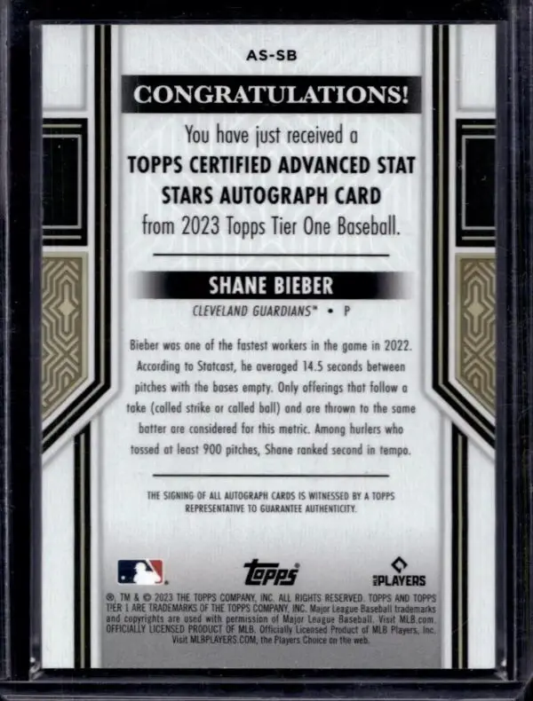 Shane Bieber 2023 Topps Tier One Silver Auto /10 Cleveland Guardians AS-SB - Image 2