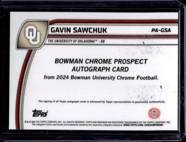 Gavin Sawchuk 2024 Bowman U Chrome Black Gold Stealth Auto Oklahoma Sooners PA-GSA - Image 2