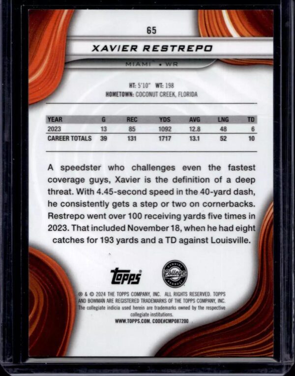 Xavier Restrepo 2024 Bowman Best University Orange Refractor /25 Miami Hurricanes 65 - Image 2