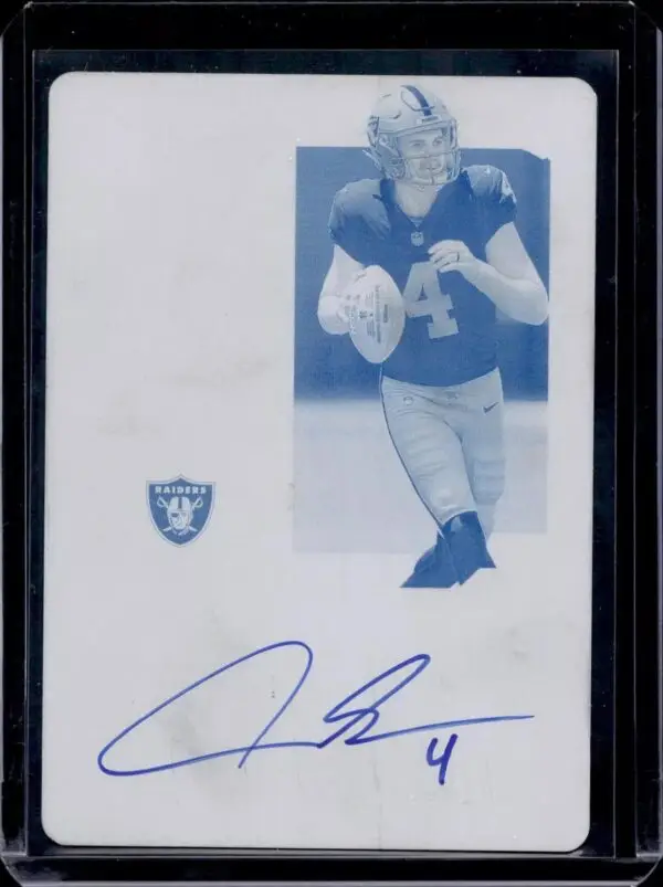 Aidan O'Connell 2023 Panini Contenders Printing Plate Cyan Auto 1/1 RC Las Vegas Raiders