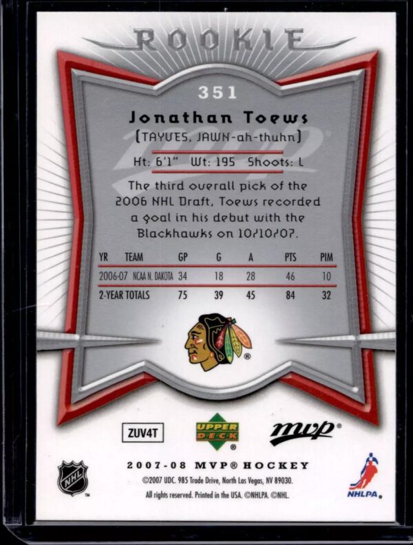 Jonathan Toews 2007-08 Upper Deck MVP Rookie Chicago Blackhawks 351 - Image 2