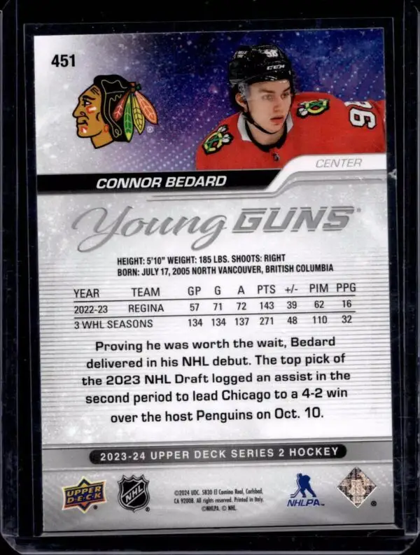 Connor Bedard 2023-24 Upper Deck Young Guns Rookie Chicago Blackhawks 451 - Image 2