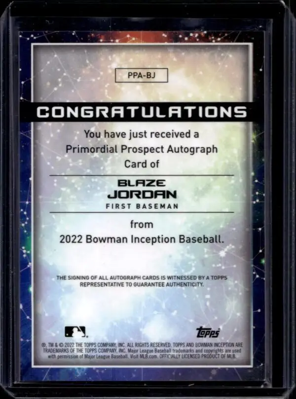 Blaze Jordan 2022 Bowman Inception Auto /99 Boston Red Sox PPA-BJ - Image 2