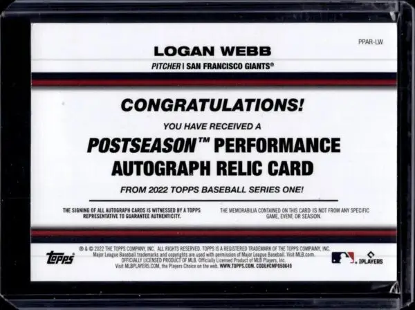 Logan Webb 2022 Topps Postseason Auto /50 San Francisco Giants PPAR-LW - Image 2