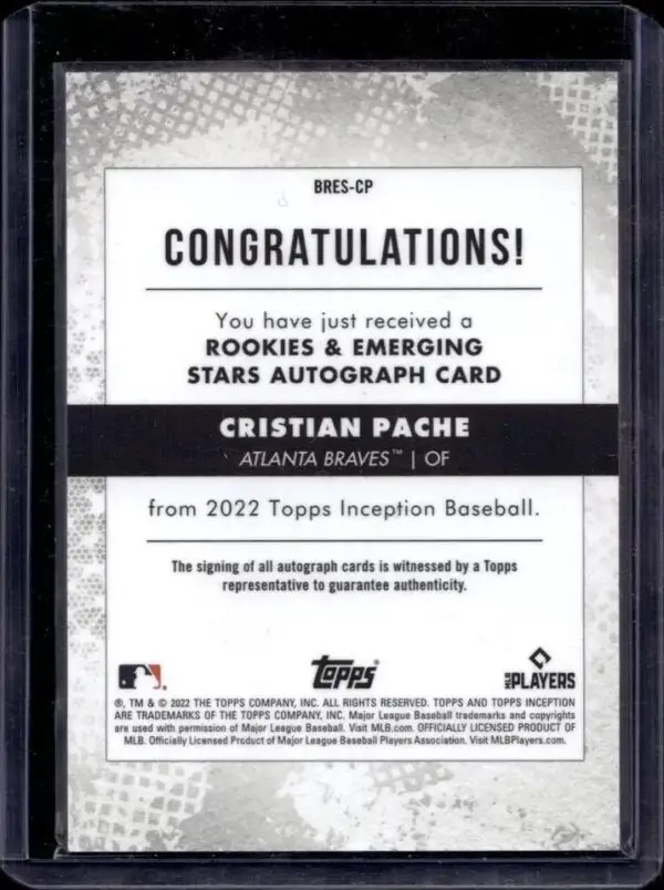 Cristian Pache 2022 Topps Inception Blue Auto /10 Atlanta Braves BRES-CP - Image 2