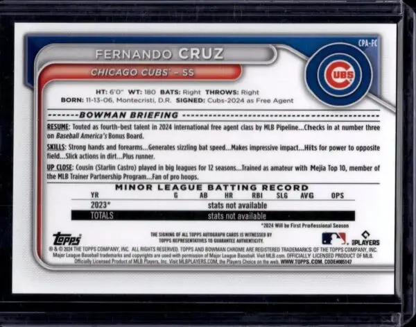 2024 Bowman Chrome Fernando Cruz Speckle Refractor Auto /299 Cubs CPA-FC - Image 2