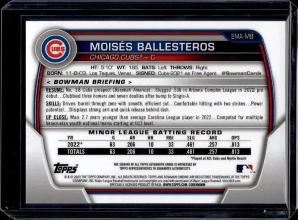 Moises Ballesteros 2023 Bowman Mega Chrome Mojo Auto Chicago Cubs BMA-MB - Image 2