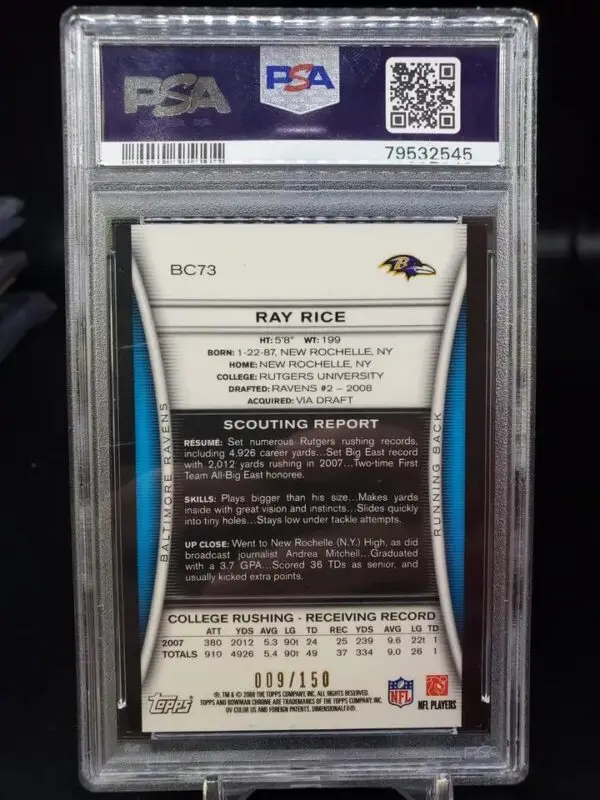 Ray Rice 2008 Bowman Chrome Green Refractor Auto /150 Baltimore Ravens BC73 PSA 9 - Image 2