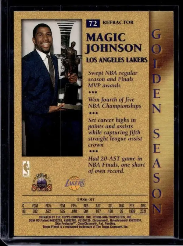 Magic Johnson 1996-97 Topps Stars Finest Refractor Los Angeles Lakers 72 - Image 2