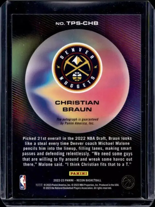 Christian Braun 2022-23 Panini Recon RC Red Auto /99 Denver Nuggets TPS-CHB - Image 2