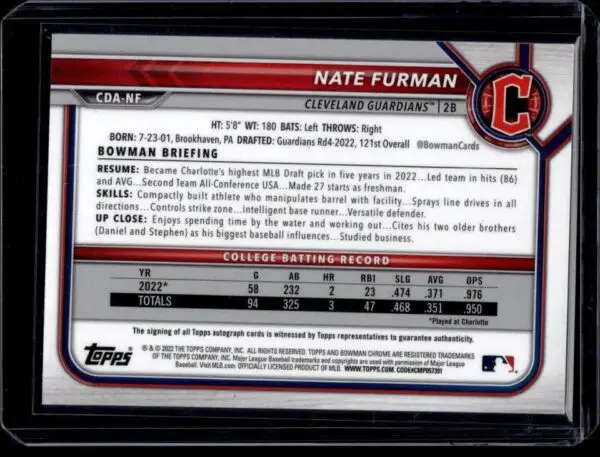 Nate Furman 2022 Bowman Draft Chrome 1st Gold Auto /50 Cleveland Guardians - Image 2