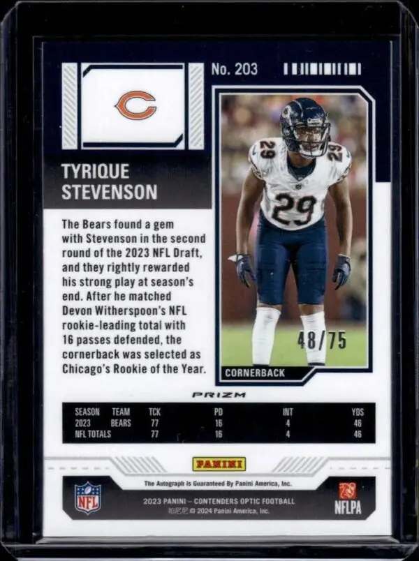 Tyrique Stevenson 2023 Panini Contenders Optic Blue Auto /75 RC Chicago Bears - Image 2